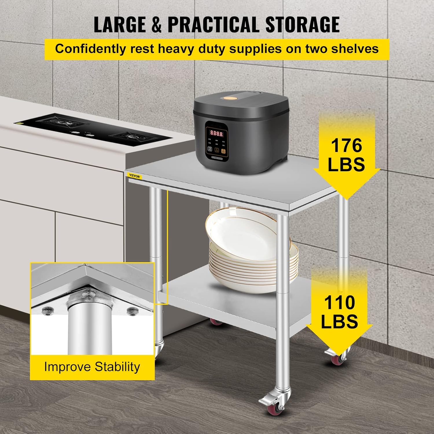 Mophorn Stainless Steel Work Table with Wheels 24 x 30 Prep Table with casters Heavy Duty Work Table for Commercial Kitchen Restaurant Business (24 x
