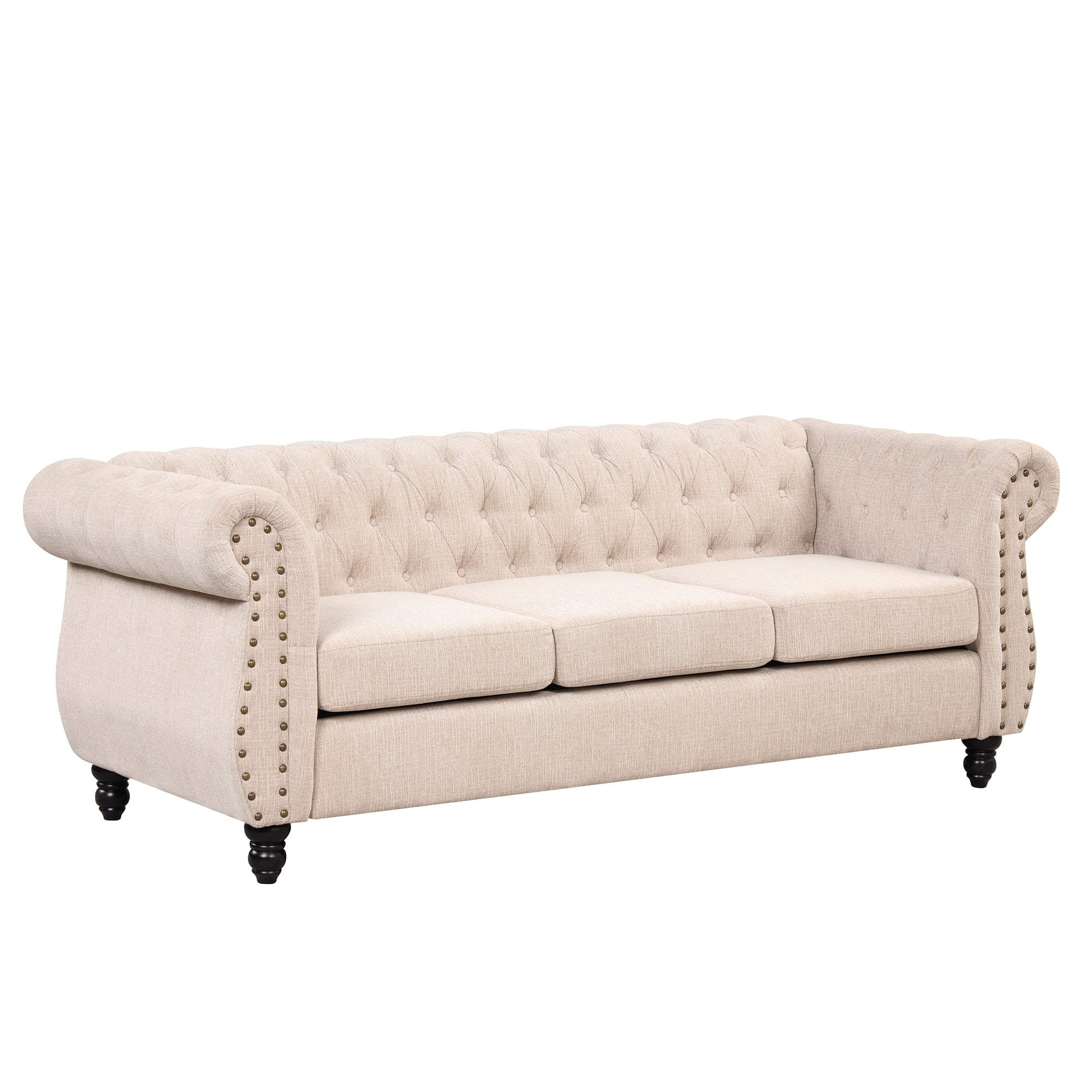 Classic 3 Seater Button Tufted Sofa, Upholstered Couch with Nailhead Rolled Arms Removable Cushions for Living Room Office Bedroom