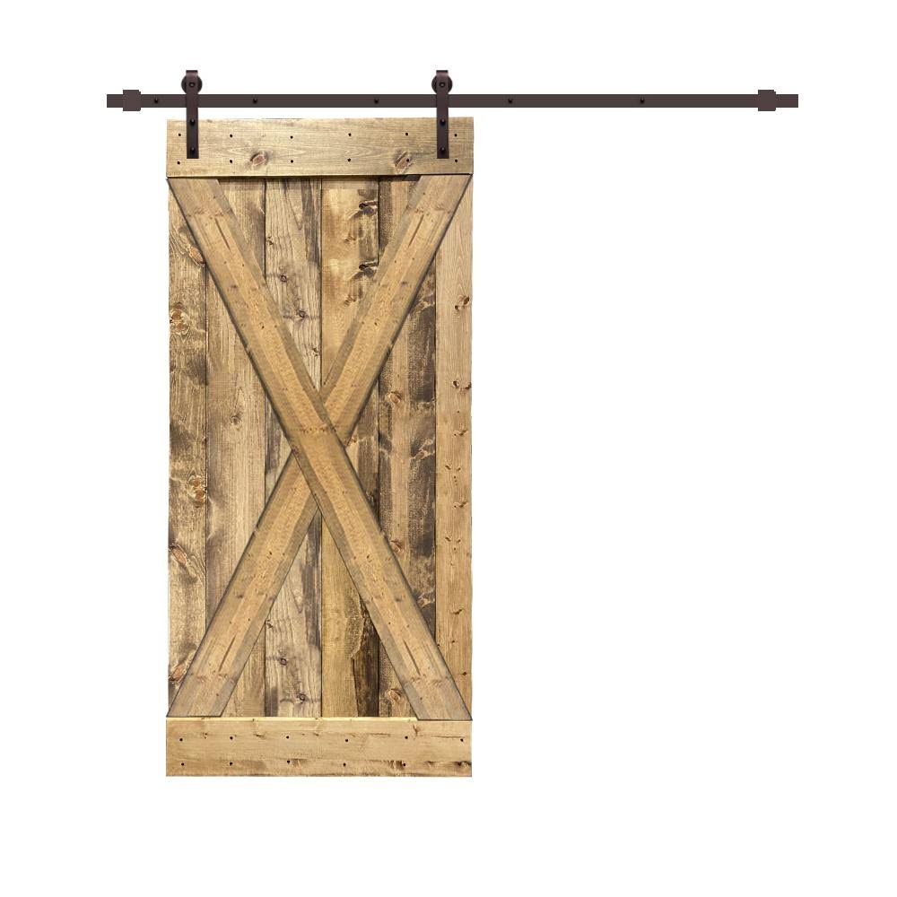 CALHOME x Series 36 in. x 84 in. Pre-Assembled Weather Oak Stained Wood Interior Sliding Barn Door with Hardware Kit