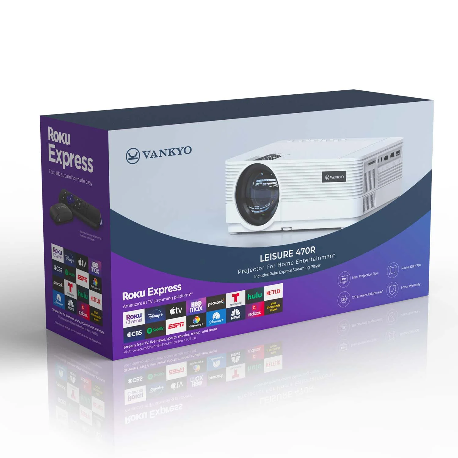 VANKYO Leisure 470 HD Mini Projector with Roku Express Streaming Player, 50000 Hrs LED Life, 240'' Display Screen for Home Theater & Outdoor Movies
