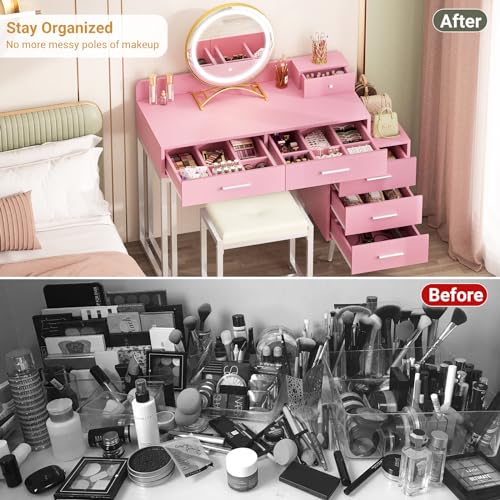White Vanity Desk with Mirror and Lights, Modern Makeup Vanity Table Set with 6 Storage Drawers and Cushioned Stool for Bedroom