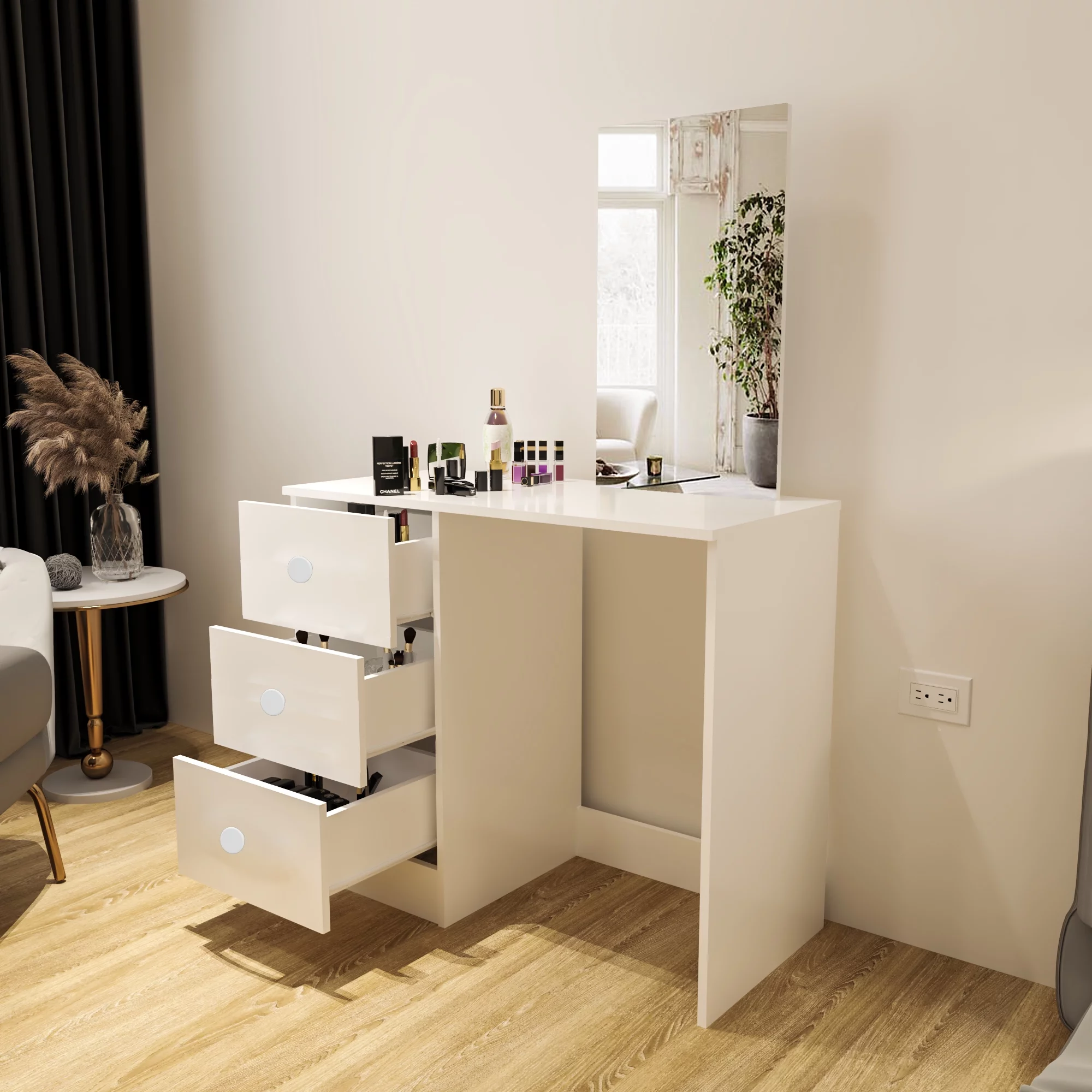 Boahaus Kira Mini Modern Vanity Table 3 Drawers, Mirror, Ample Table Top, White Painted for Bedroom