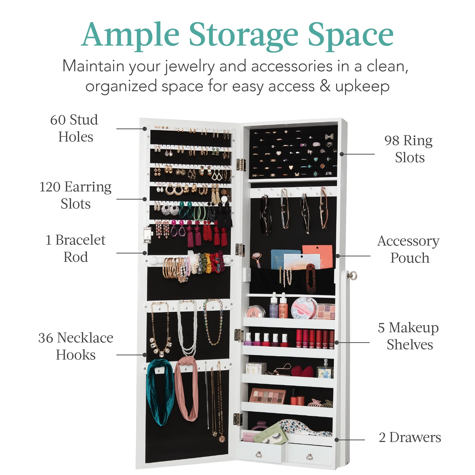 Best Choice Products Jewelry Armoire Cabinet, Full Length Mirror w/ Velvet Storage Interior, Lock - White
