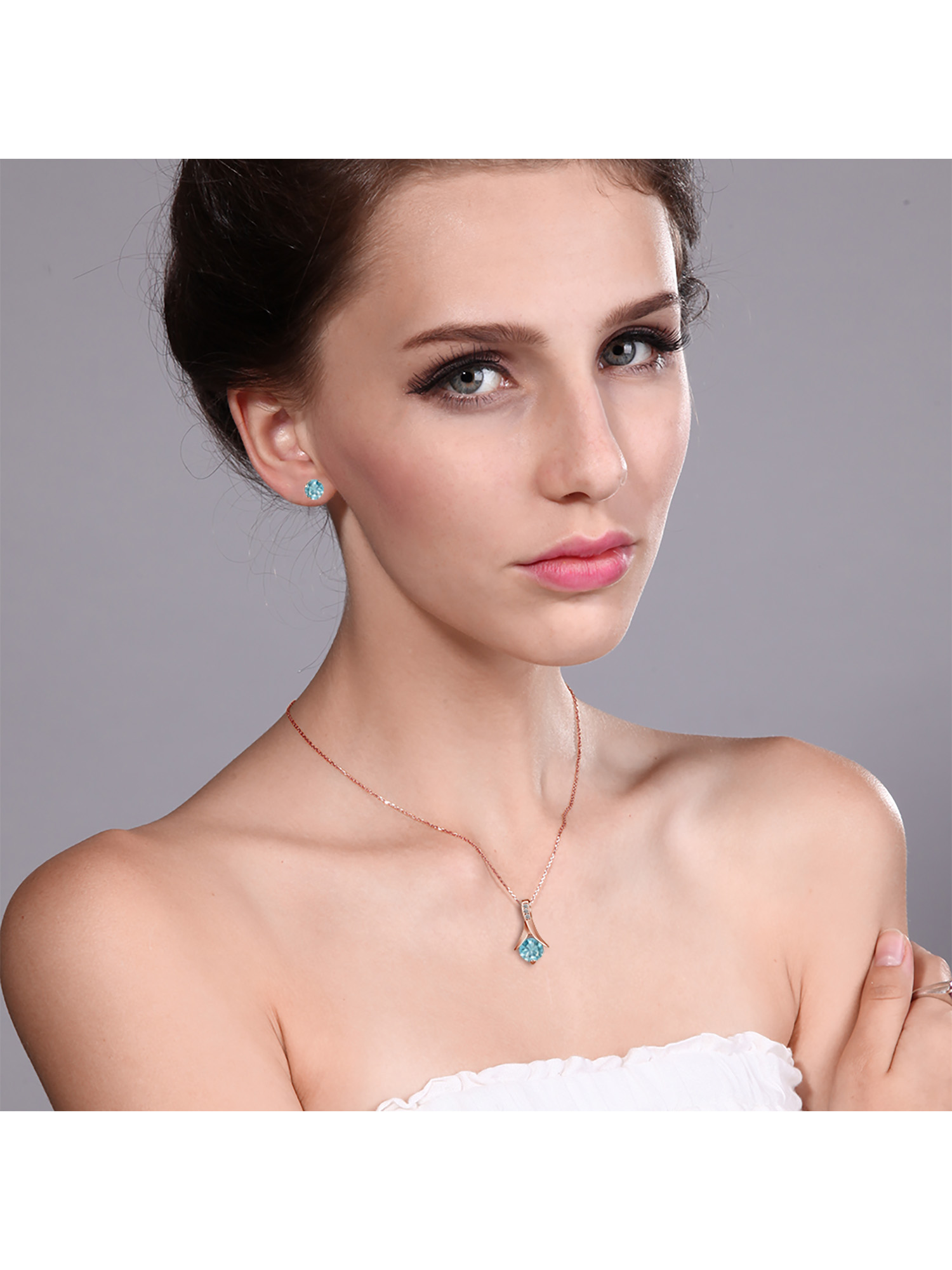 Gem Stone King 18K Rose Gold Plated Silver Blue Zircon and White Diamond Pendant and Earrings Jewelry Set For Women (3.65 Cttw, with 18 inch Chain)