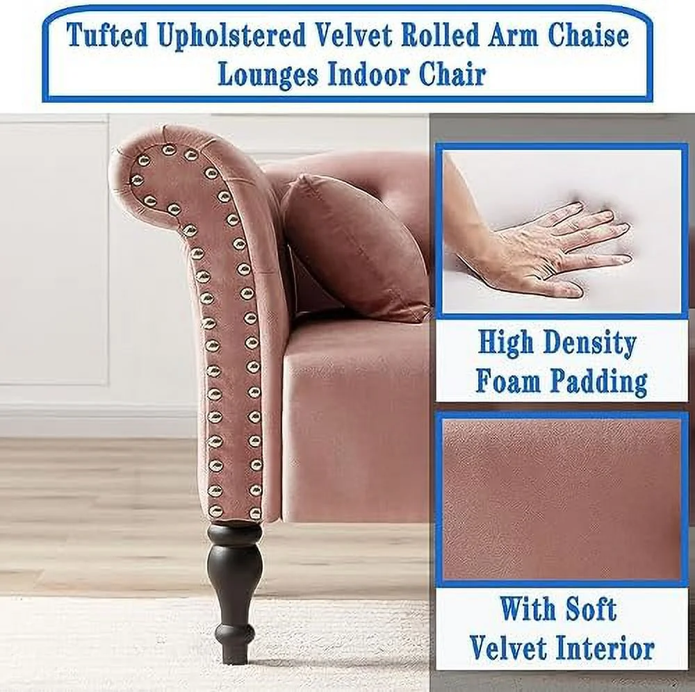TJUNBOLIFE Tufted Upholstered Velvet Rolled Arm Chaise Lounges Indoor Chair  Right Arm Facing Chaise Lounge with Nailhead Trim and 1 Pillow for