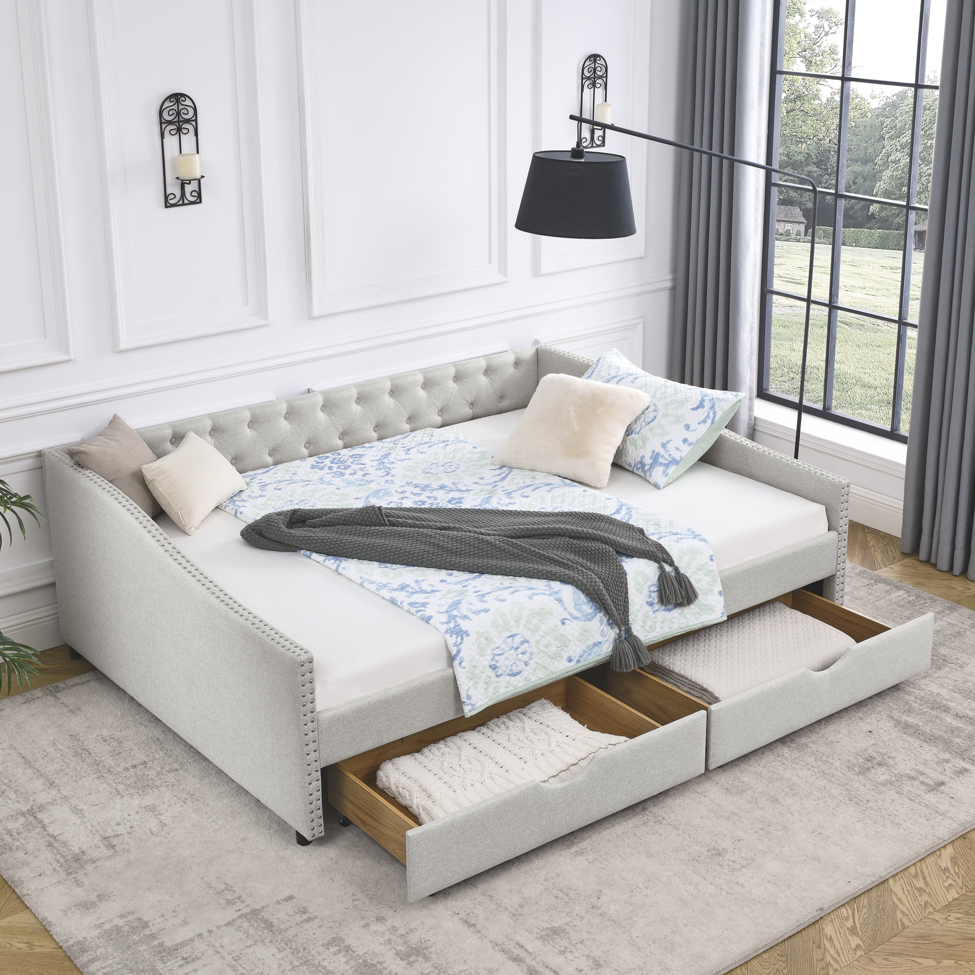 Momspeace Upholstered Daybed with Drawers, Modern Fabric Queen Size Daybed Frame Sofa Bed, No Box Spring Needed, Space Saving - Beige