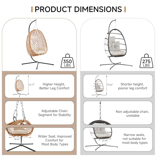 Outdoor Hanging Egg Chair, Patio Wicker Swing Chair with Stand and Cushion, Wider Basket Seating