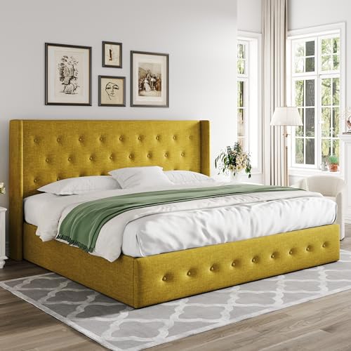 Allewie Full Size Lift Up Storage Bed, Modern Wingback Headboard, Hydraulic Support, No Box Spring Needed, Light Beige