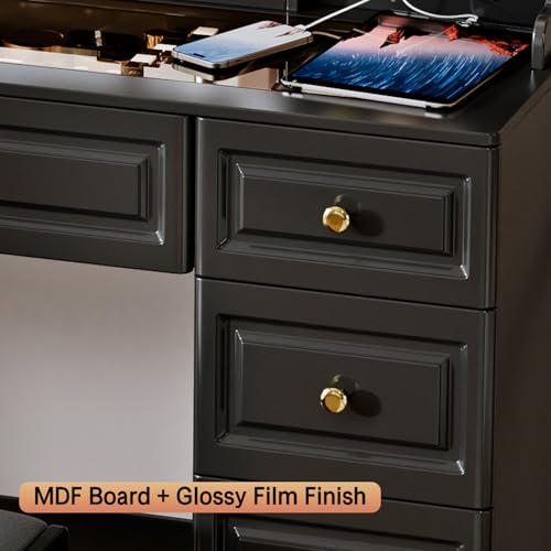 43" Makeup Vanity Desk with Mirror and Lights, & Power Outl, Glass Top Big Vanity Table with 9 Drawers& 8 Storage Shelves