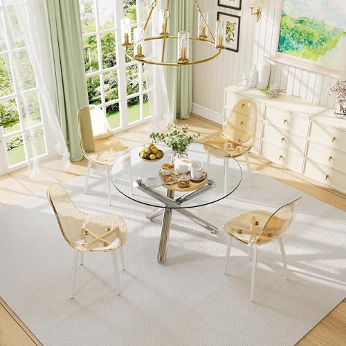 Round Glass Dining Table Set for 4, 47'' Circle Dining Table Set, Glass Dining Room Table Set for 4 with Clear Acrylic Chair