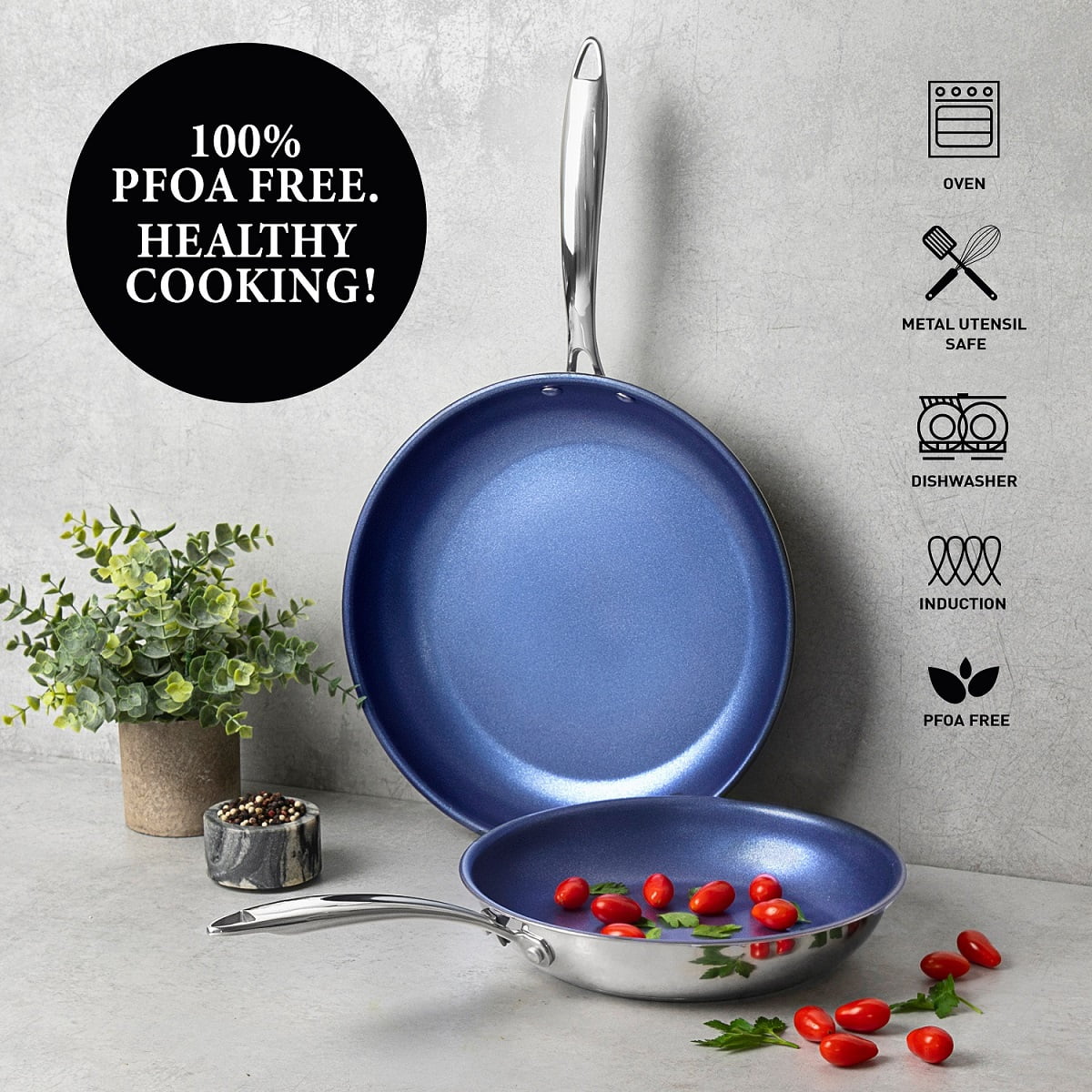 Granitestone Pro Stainless-Steel Pots & Pans Set Nonstick, Tri-Ply Base, 10 Piece Blue Nonstick Cookware Set includes Frying Pans