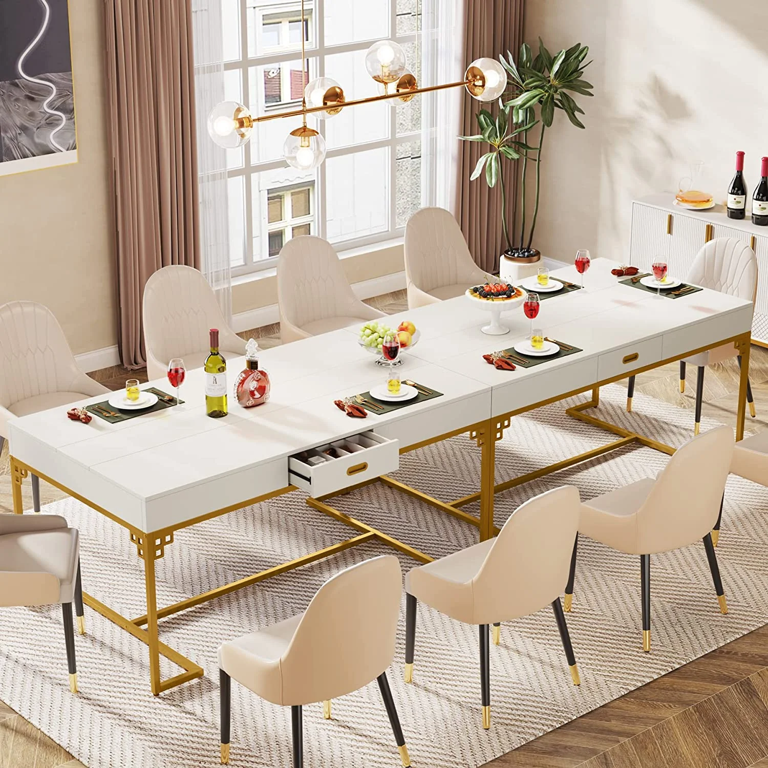 RUNFAYBIU 63 Inches Dining Table for 4 to 6  Rectangular Kitchen Table with 2 Drawers  Modern Dinner Table with Gold Metal Frame for Dining Room