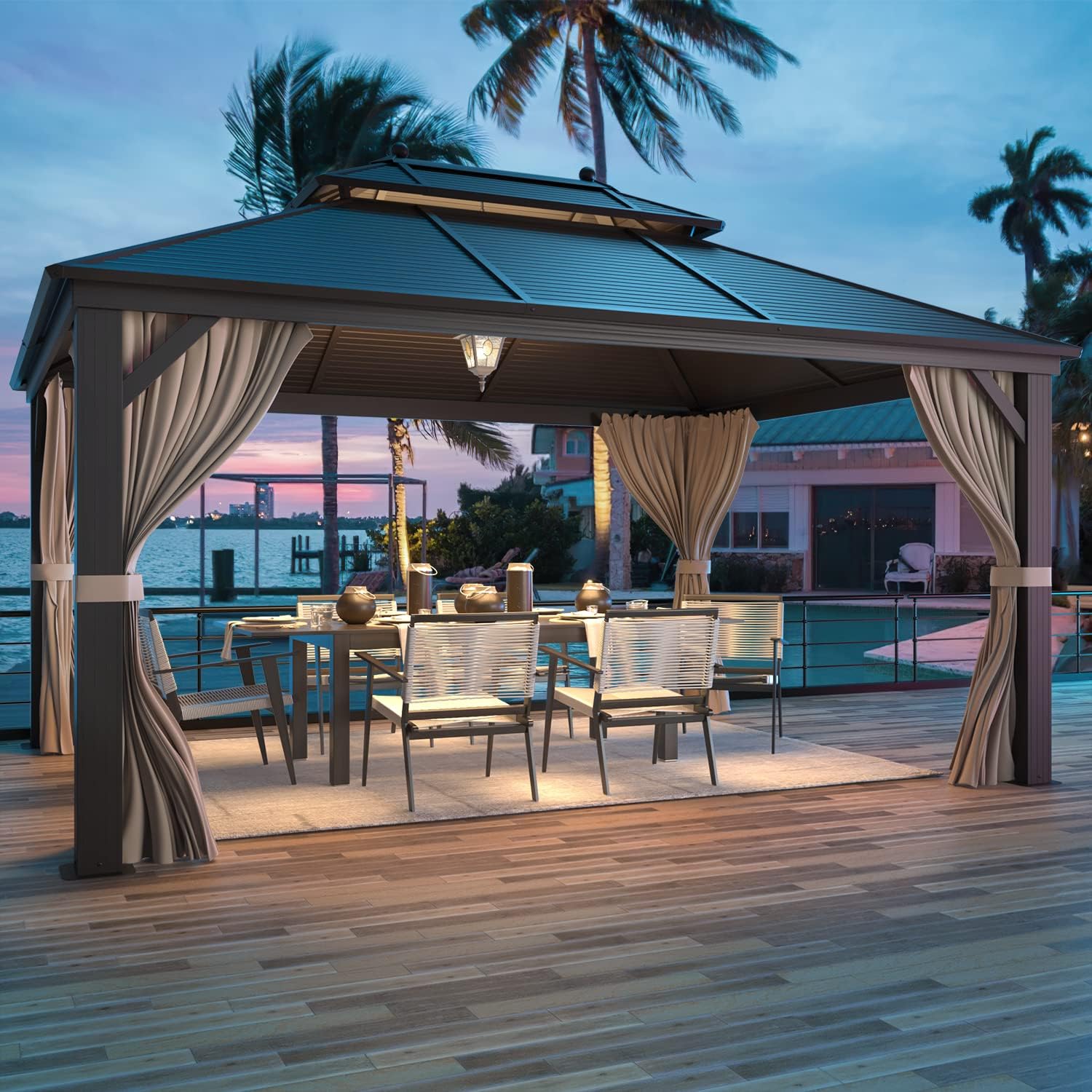 EROMMY Hardtop Gazebo Galvanized Steel Outdoor Gazebo Canopy Double Vented Roof Pergolas Aluminum Frame with Netting and Curtains for Garden,Patio