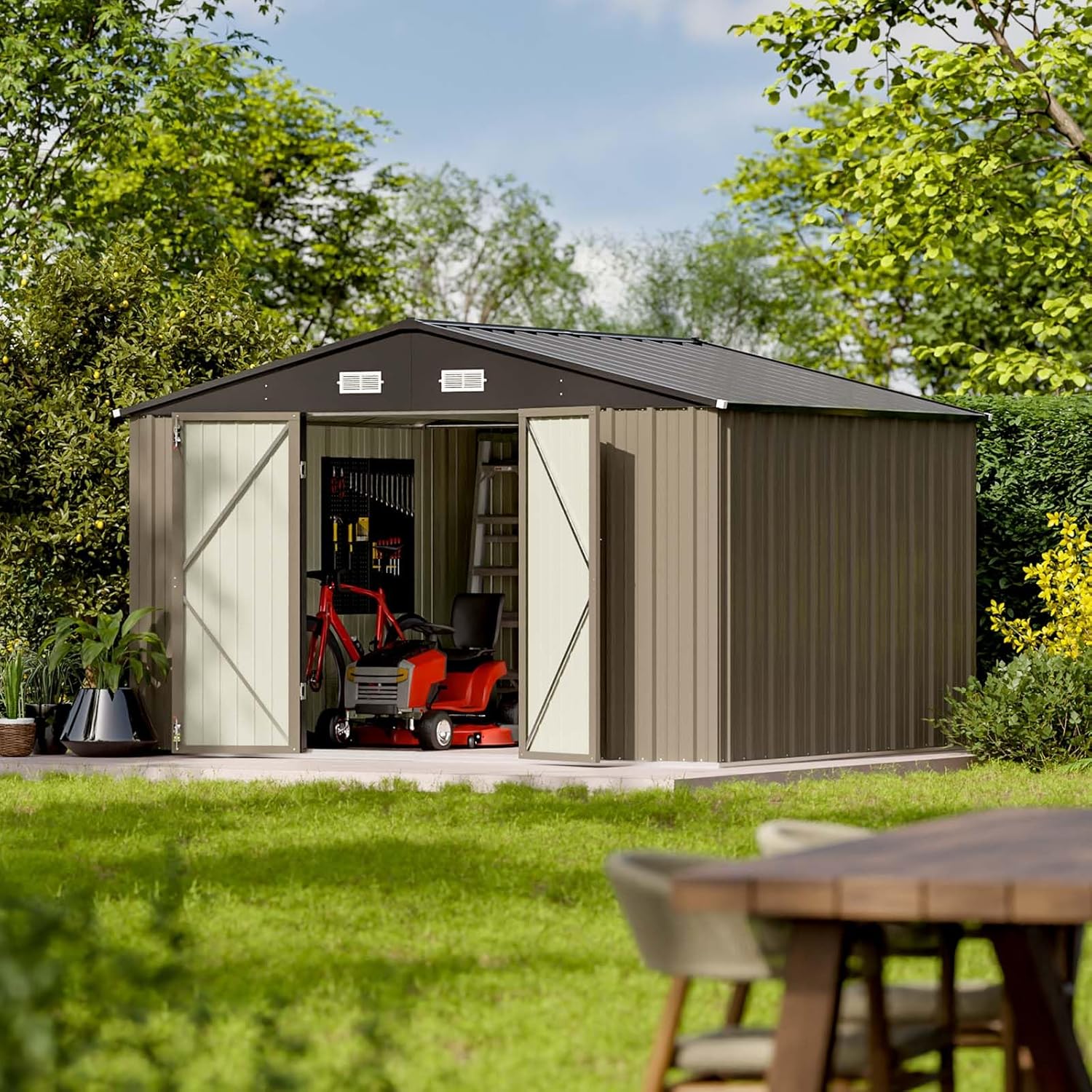 Patiowell 10 x 8 FT Outdoor Storage Shed, Large Garden Tool Metal Shed with Sloping Roof and Double Lockable Door