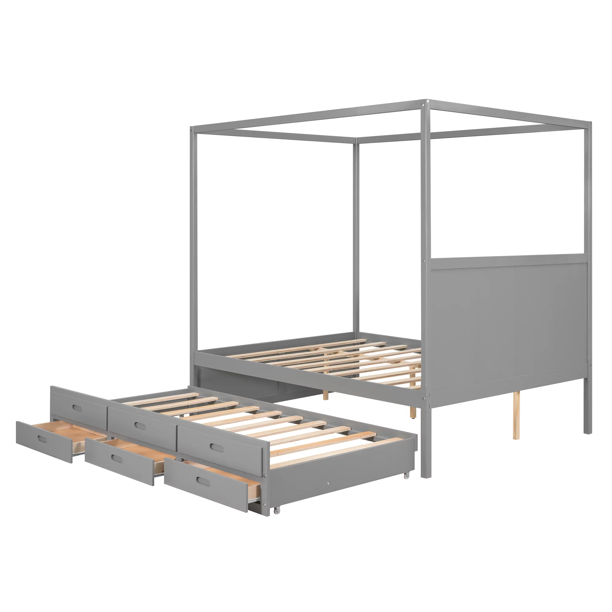 KOSBON Platform Bed with Trundle, Wooden Queen Platform Bed Frame with Twin Trundle and 3 Storage Drawers