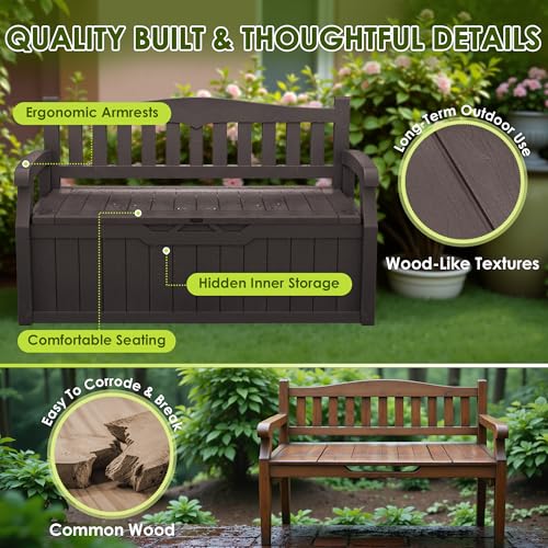 Greesum 80 Gallon Outdoor Storage Bench, Resin Patio Furniture with Armrest,Waterproof and UV-Resistant, Perfect to Garden, Poolside and Lawn