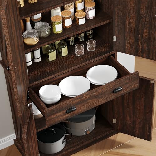 YITAHOME 72'' Tall Kitchen Pantry Cabinets, Farmhouse Storage Cabinets with Barn Doors, Drawer ＆ Adjustable Shelves