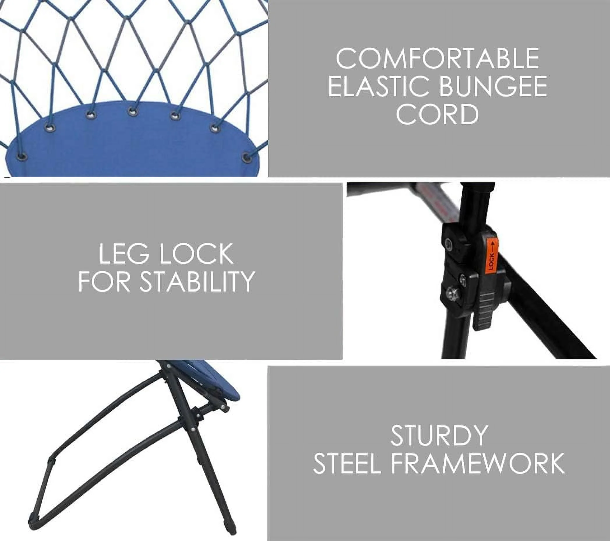 Foldable Portable Bungee Steel Framed Dish Folding Chair, Perfect For Dorm Rooms, Bed Rooms, Accent Chair, Camping, Gaming, Reading, And Studying