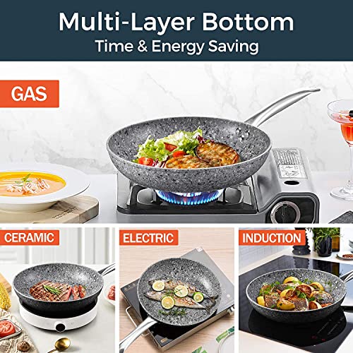 KOCH SYSTEME CS 8"+11" Premium Nonstick granite stone Frying Pan Sets, Gray Nonstick Frying Pan Sets with Lids, Aluminum Pan for Effortless Cooking