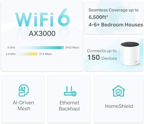 TP-Link Deco X55 AX3000 WiFi 6 Mesh System - Covers up to 6500 Sq.Ft, Replaces Wireless Router and Extender, 3 Gigabit Ports per Unit