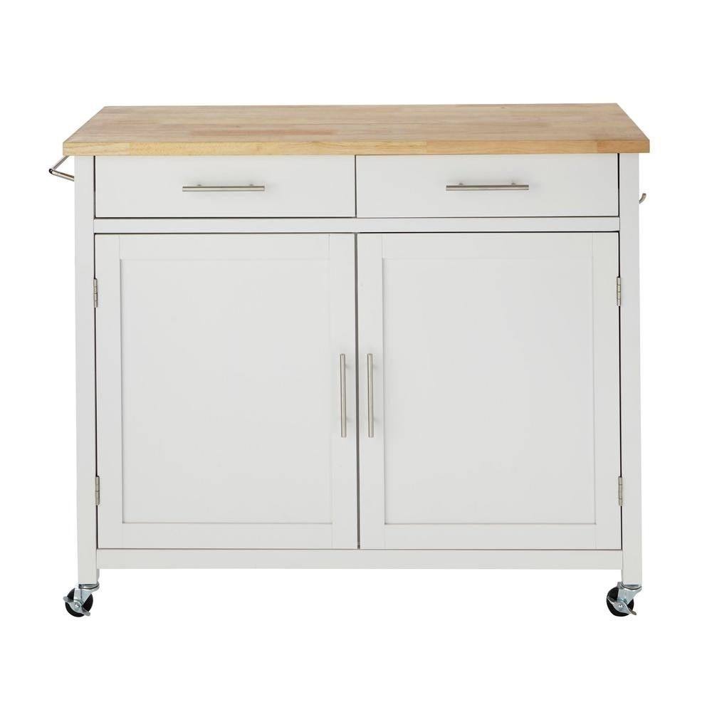 StyleWell Glenville White Kitchen Cart with 2 Drawers, White with Natural Wood Top