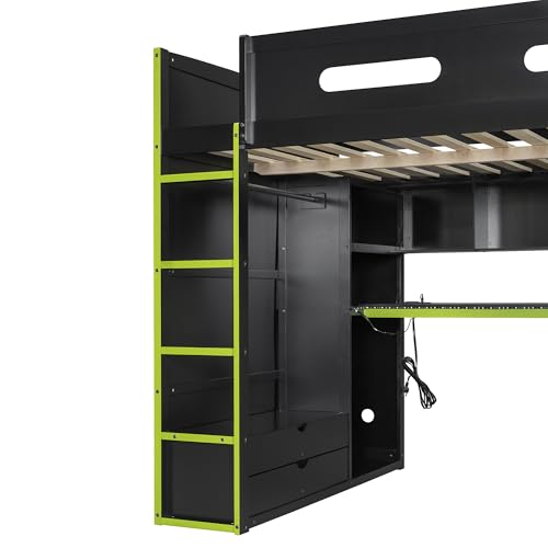 Modern Full Size Gaming Loft Bed with Built-in Desk and Storage Wardrobe, Wood Loft Bed Frame with Light Strip and 2 Drawers