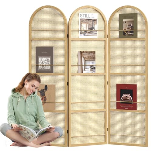 Room Divider and Folding Privacy Screens, Pine Wood 5.6 Ft Double Hinged Rattan Partition Freestanding Wall Room Divider for Home - 3 Panels