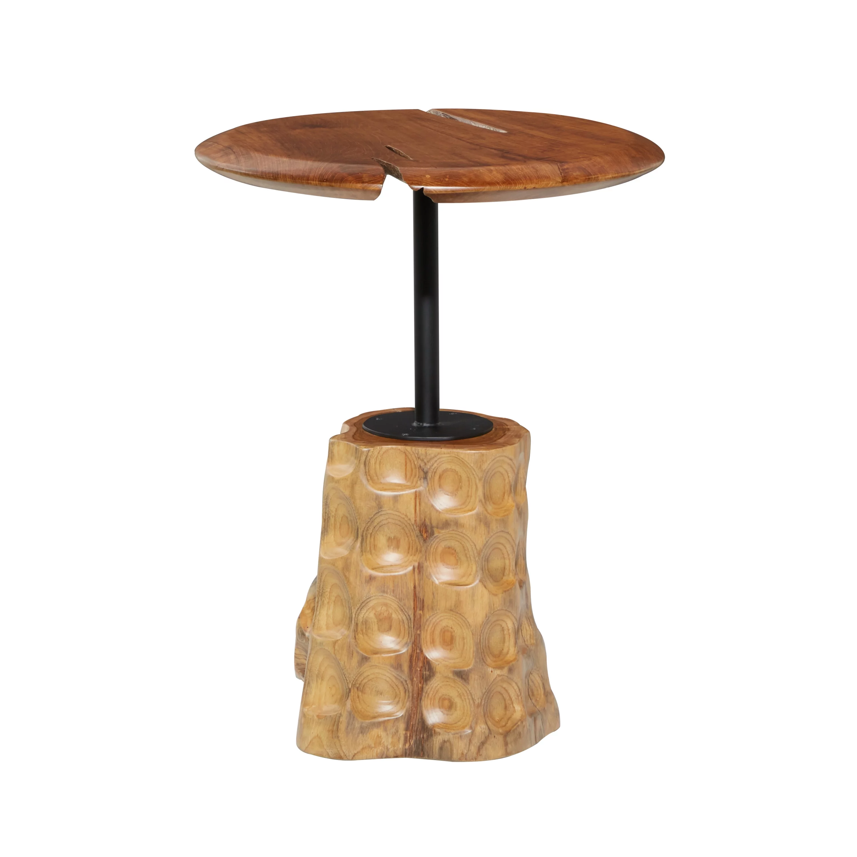 DecMode 18" x 23" Brown Teak Wood Handmade Live Edge Raised Tabletop Accent Table with Tree Stump Base, 1-Piece