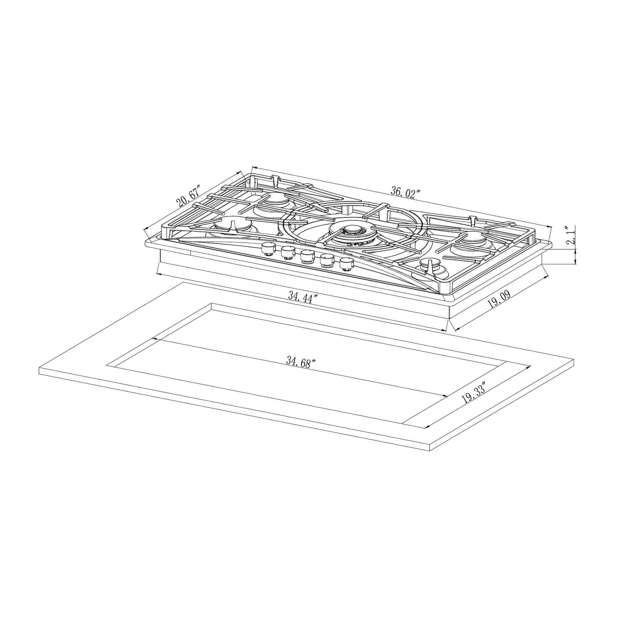 Empava 36 in. Gas Stove Cooktop with 5 Italy Sabaf Sealed Burners NG/LPG Convertible in Stainless Steel ，EMP-36GC22