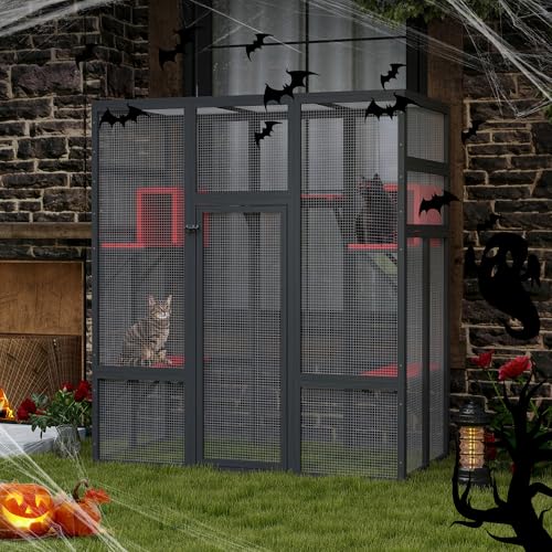 71Inches Large Wood Catio Outdoor Cat Enclosure with Perches and Condos, Cat House Indoor with Waterproof Roof