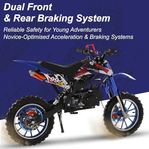 49cc Kids Dirt Bike, 2-Stroke Gas Powered Mini Motocross Motorcycle, Off-Road Dirtbike for Kids 5-14 with Front/Rear Disc Brakes, Shock Absorption