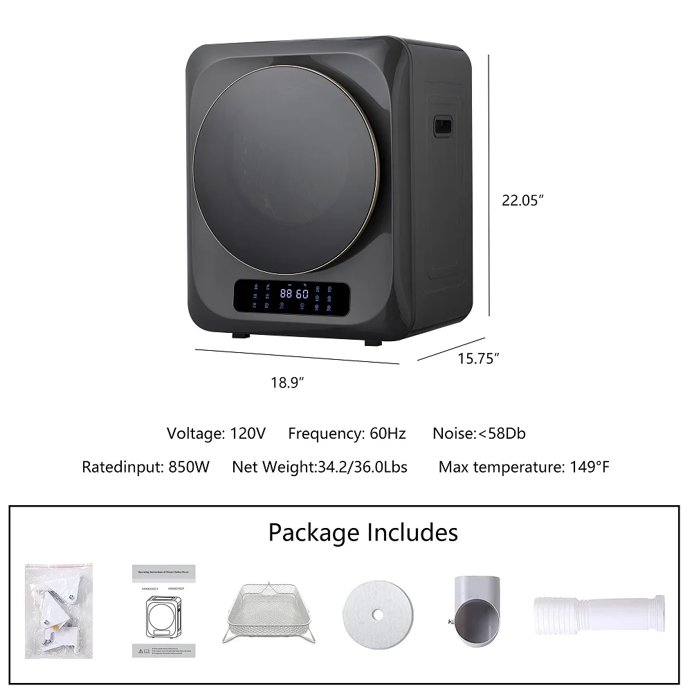 Portable Mini Cloth Dryer Machine FCC Certificate PTC Heating Tumble Dryer Electric Control Panel,Grey Body with Black Door,850W