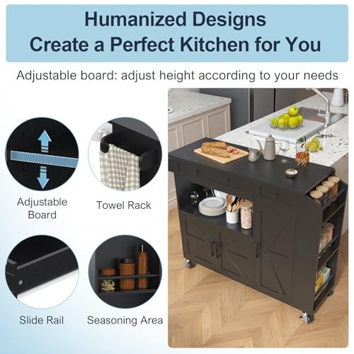 Kitchen Island with Drop Leaf, Rolling kitchen island with power outlet and Led Light, Kitchen Island with Storage Cabinet, Spice Rack, Drawer