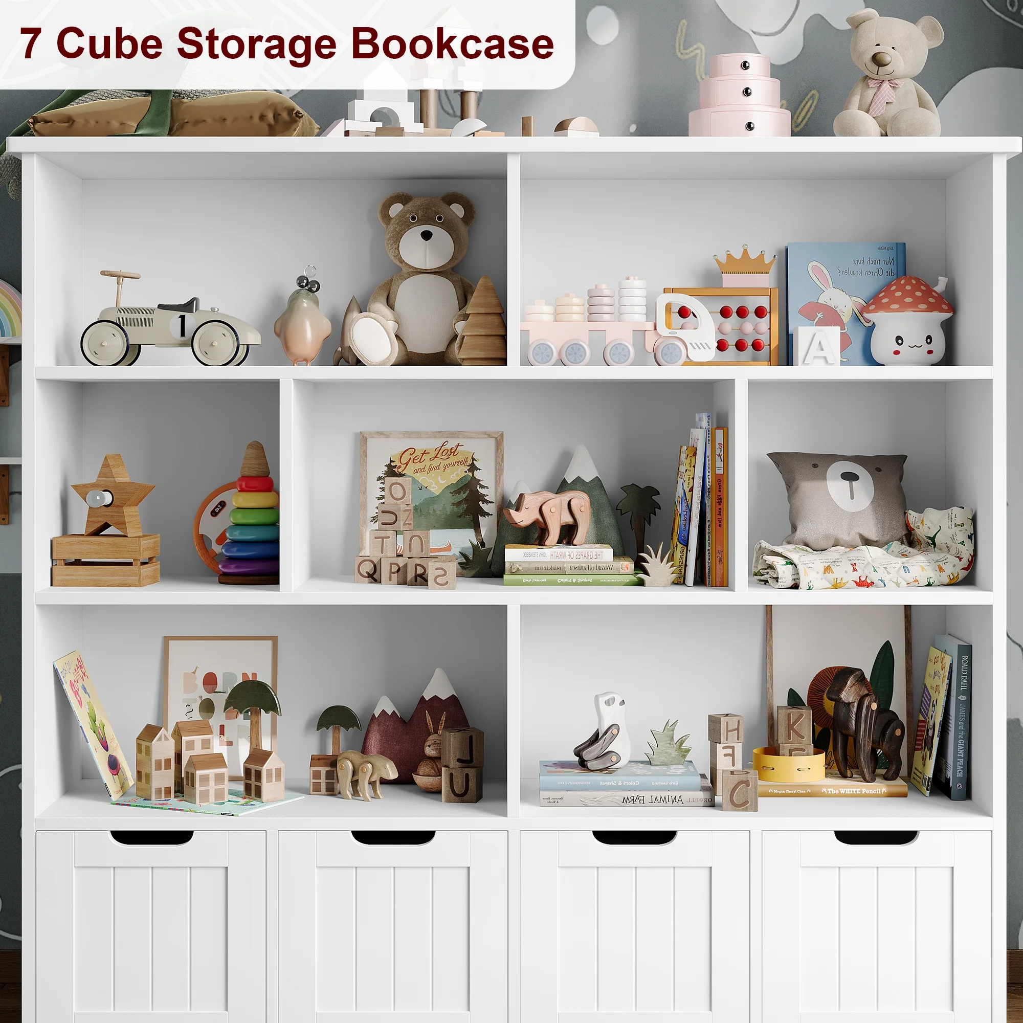Homfa 7 Cube Toy Storage  Organizer, Kids Geometric Bookcase and Bookshelf with 4 Drawers, White - Curated Treasures Market