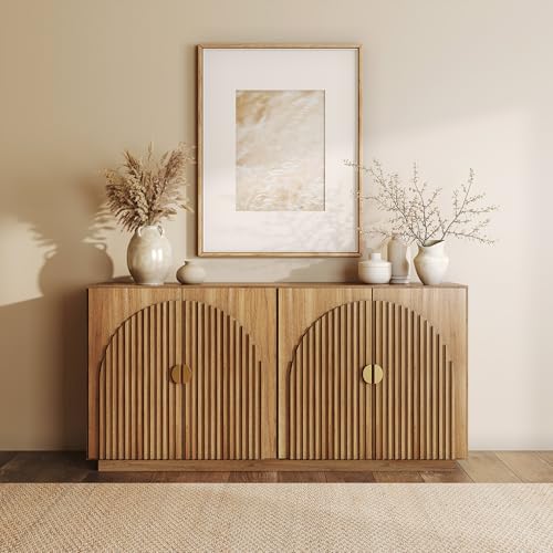 BELLEZE 65 Inch Fluted Buffet Cabinet with Storage, Symmetrical Arc Accent Sideboard Large Console Table for Dining Room, Kitchen