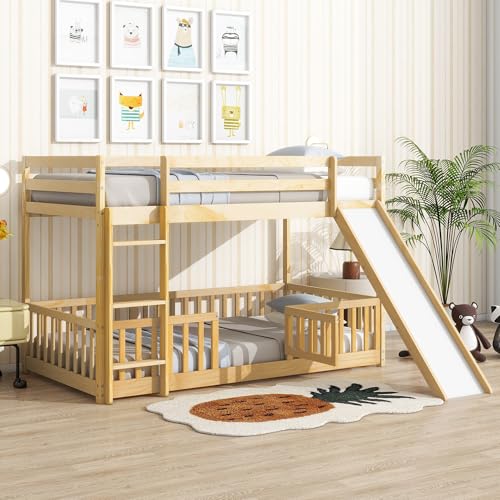Bunk Beds Twin Over Full Size, Pine Solid Wooden Bunk Bed with Slide, Storage Staircase, Safety Guardrails for Kids, White