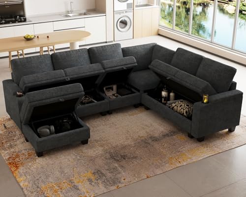 Belffin Modular Sectional Sofa Couch with Storage U Shape Convertible Corner Couches for Living Room Dark Grey Couch