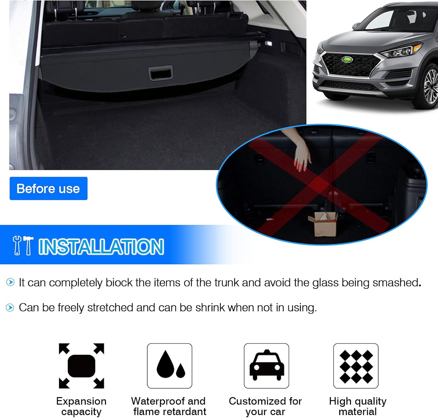 Powerty Only Fit for Cargo Cover Hyundai Tucson 2022 Trunk Security Cover Retractable Shielding Shade Black No Gap Auto Accessories