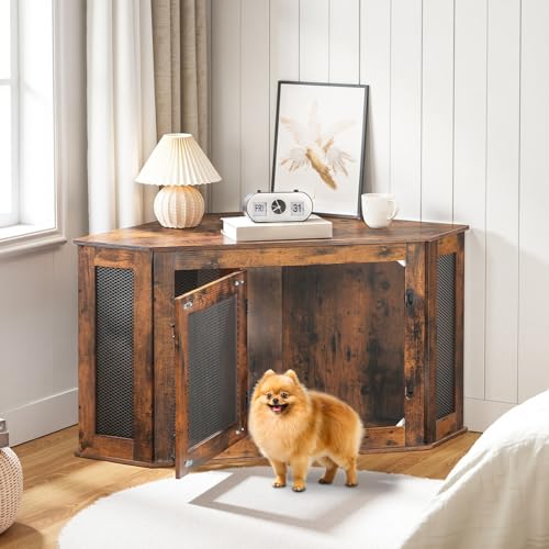 Corner Dog Crate Furniture, Wooden Dog Kennel End Table, Decorative Pet Crate Indoor Use, Furniture Style Dog House for Small Medium Dog
