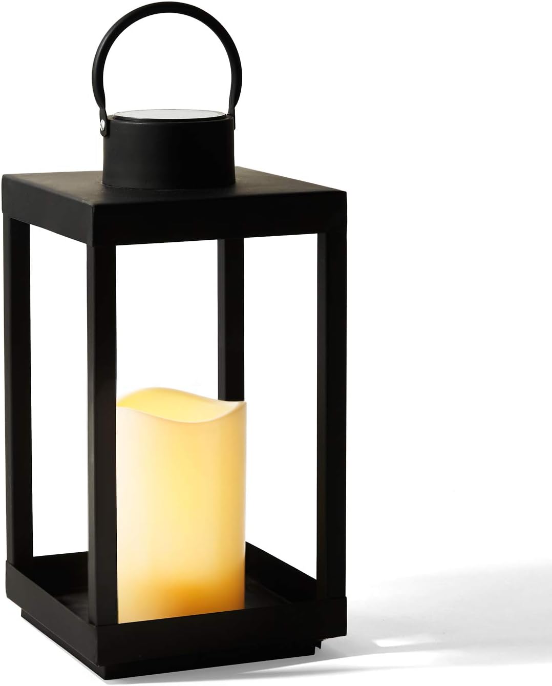 Large Outdoor Lantern with Solar Candle - 18 Inch Tall, Matte Black Metal Frame, Waterproof Flameless Pillar Candle, Dusk to Dawn Timer