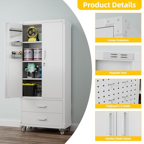 Aobabo 71" H×32" W×16" D Metal Storage Cabinet with Wheels, Garage Steel Storage Cabinet with 5 Adjustable Shelves and 4 Hooks for Home Office