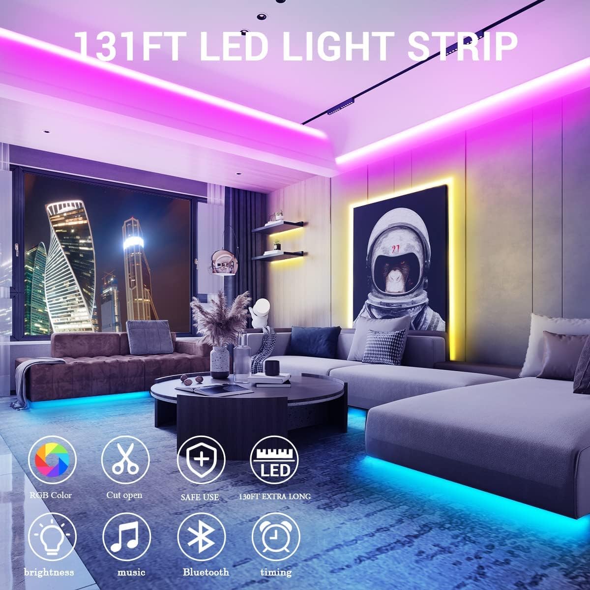 IKERY 5050 RGB Led Strip Lights 100+ ft(2 Rolls of 65.5ft) Smart Music Sync Color Changing LEDs Light Strips