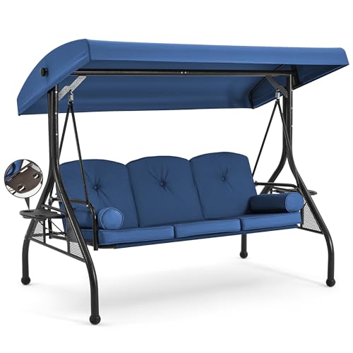 HOMREST 3 Seat Outdoor Porch Swing with Adjustable Canopy, Convertible Patio Swing Bed with Stand, Patio Glider Swing with Upgraded Cup Holder