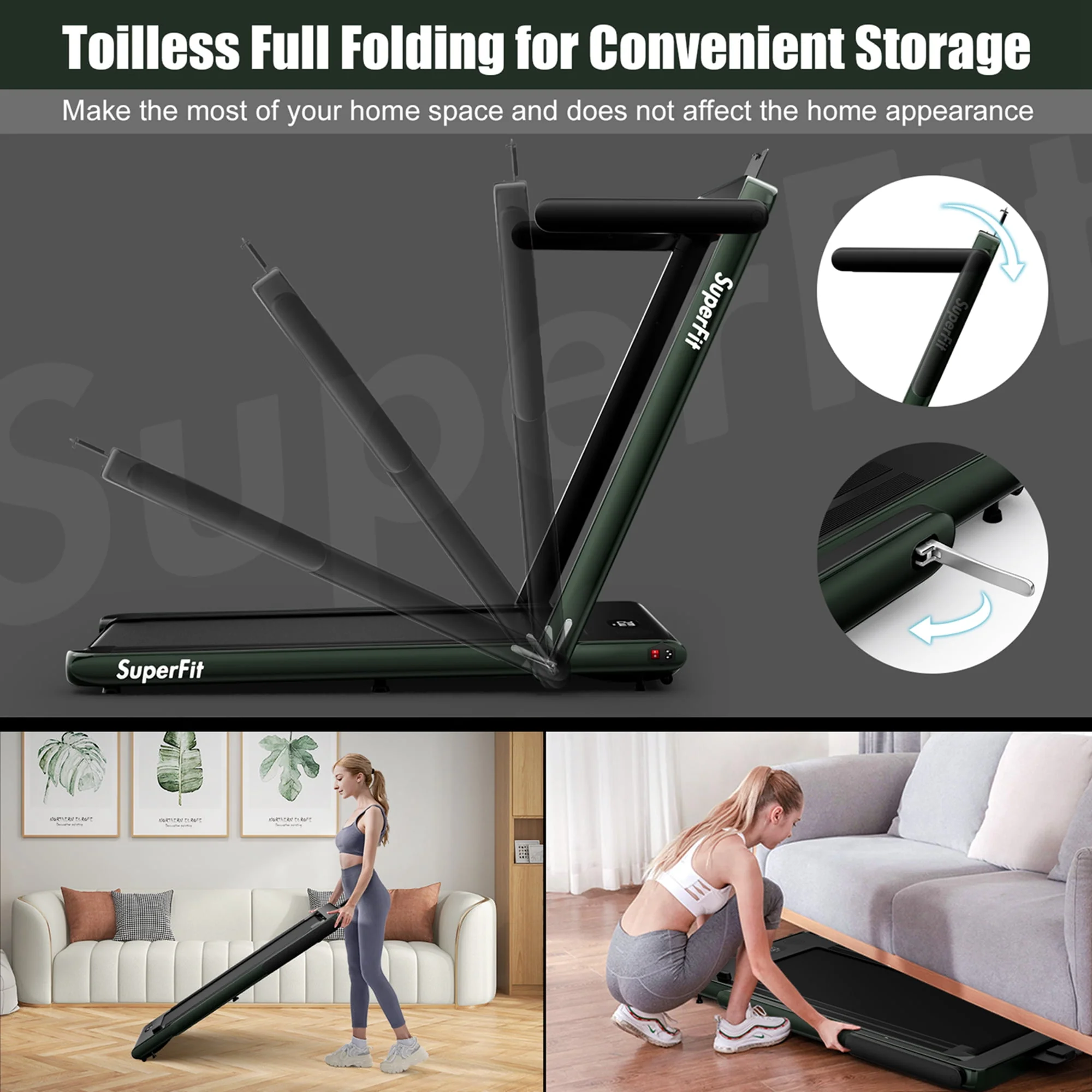 SuperFit Up To 7.5MPH 2.25HP 2 in 1 Single Display Screen Folding Treadmill W/ APP Control Speaker Remote Control Blue