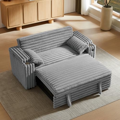 68.11" Corduroy Sleeper Chair Bed with USB Port, Cup Holders & Side Storage Pockets – 3-in-1 Foldable Sofa Bed for Guest Room, Living Room – White