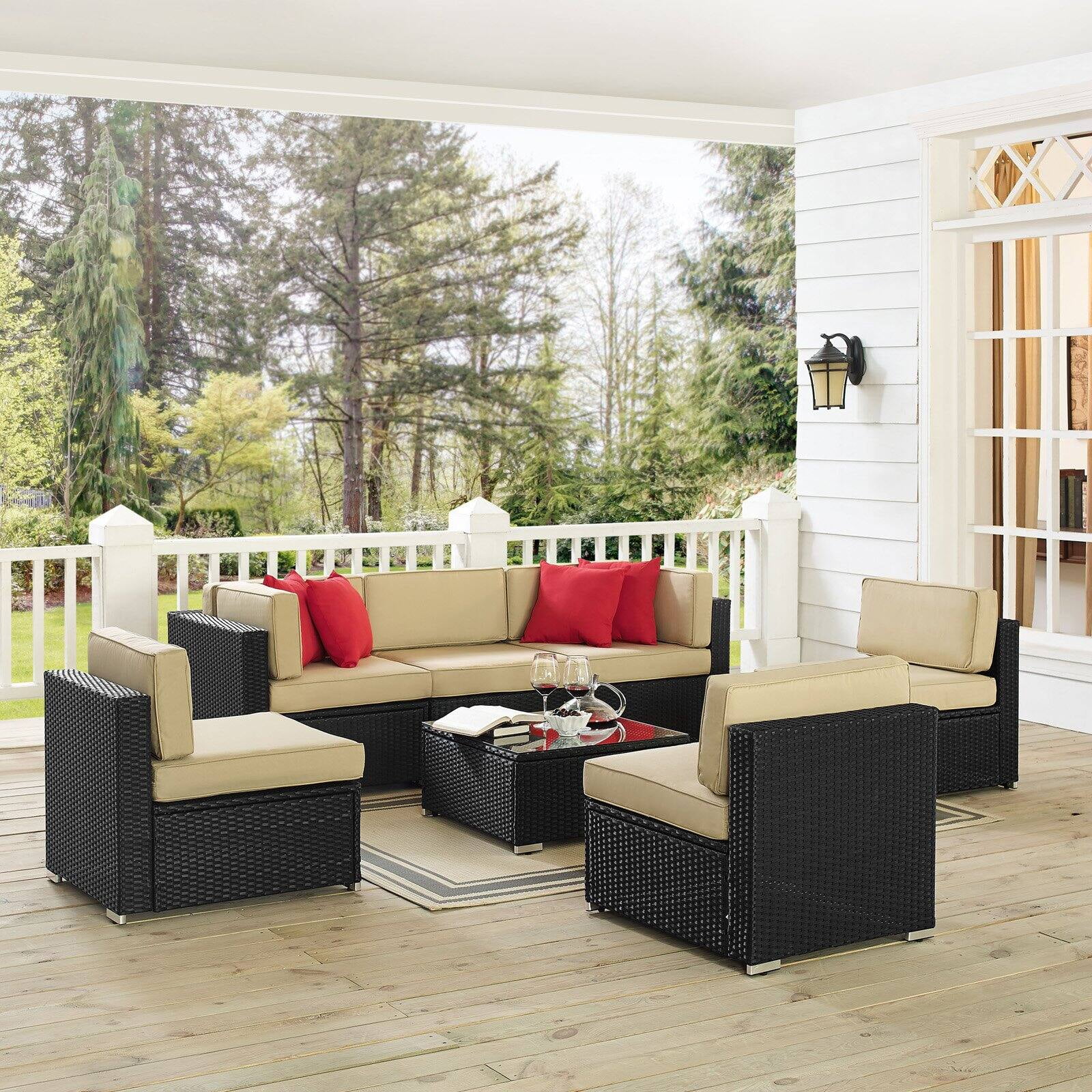 Crosley Sea Island 7 Piece Patio Sectional Set in Brown and Sand