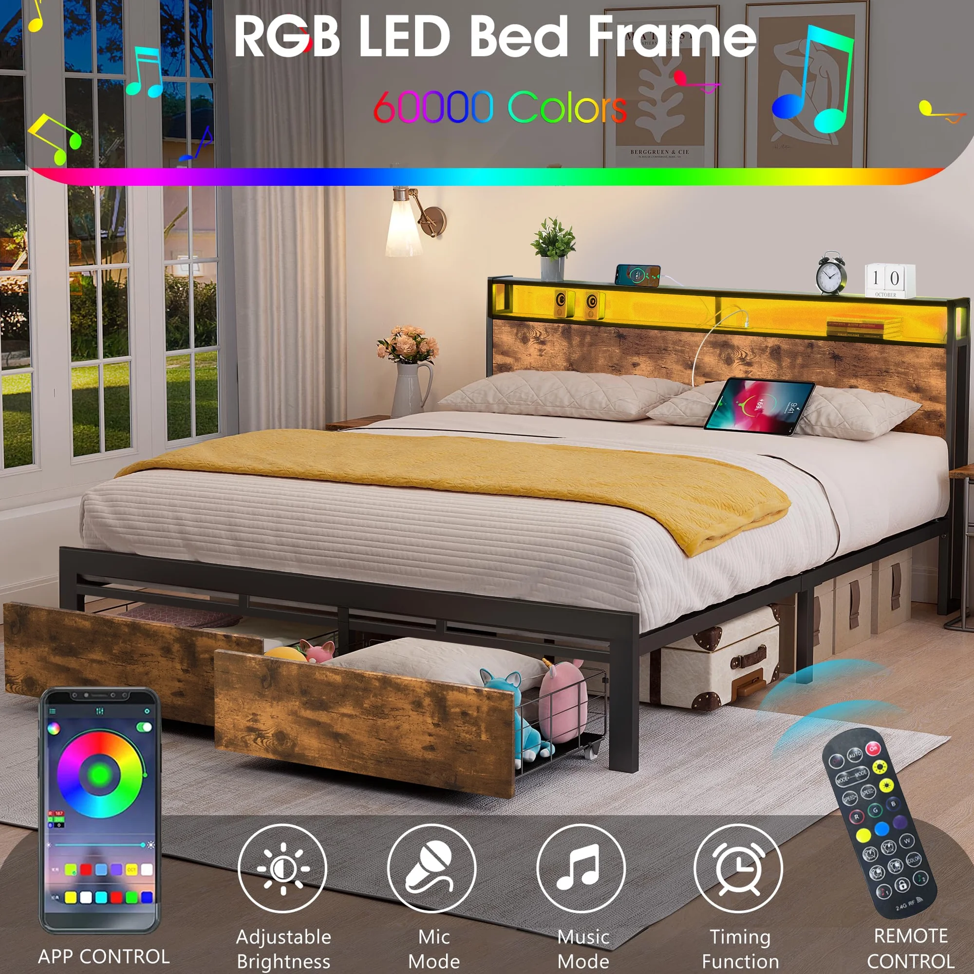 Full Size Bed Frame with Storage Headboard Charging Station USB Outlet
