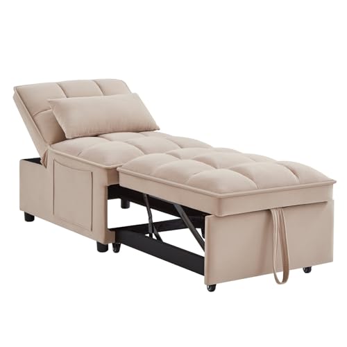 4 in 1 Pull Out Convertible Chair Bed with Adjustable Backrest and Storage Pockets, Modern Velvet Folding Single Sofa for Living Room, Small Space