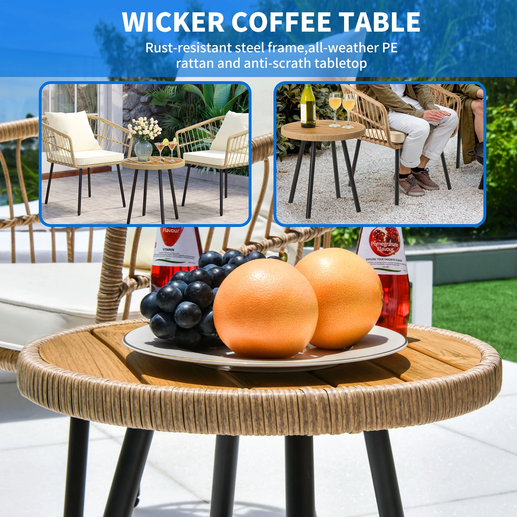 Dextrus 3 Piece Outdoor Wicker Furniture Patio Bistro Set, PE Rattan Wicker Chairs Set with Table and Cushions