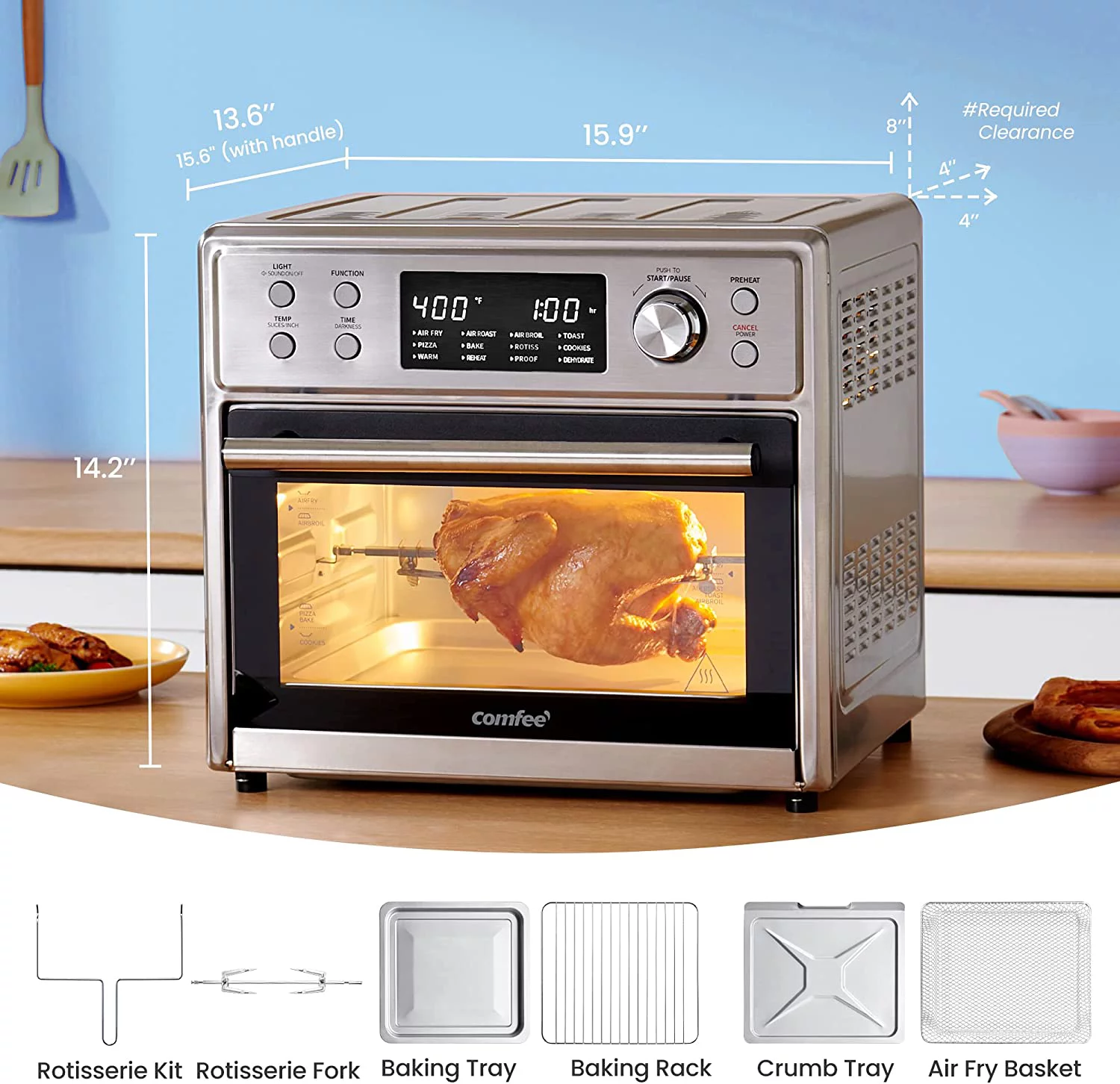 COMFEE’ 12-in-1 Air Fryer Toaster Oven Combo, 6 Slice 12’’ Pizza Countertop Convection Oven with Rotisserie, Precise Temperature Control